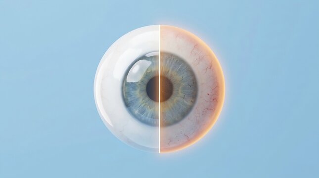 Comparison of a healthy hydrated human eye and a dry irritated eye with redness and blood vessels, 3D medical illustration