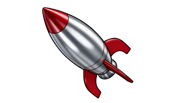 Isolated shiny silver rocket with striking red nose cone and fins, soaring upward with energy