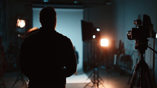 Photographer shooting portrait with professional camera, studio lighting, realistic creative job scene, no text