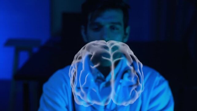 Human brain Virtual hologram. man Physician Examine Holographic Body Models. Medical technology and hospital care treatment. Nanoscale Diagnostics, Disease diagnosis and treatment technology
