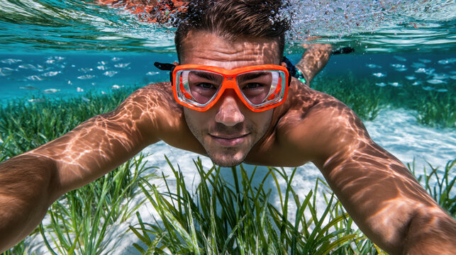 Underwater snorkeling man goggles ocean seaweed summer vacation travel adventure portrait of swimmer exploring clear sea water with sunlight reflections and peaceful marine life