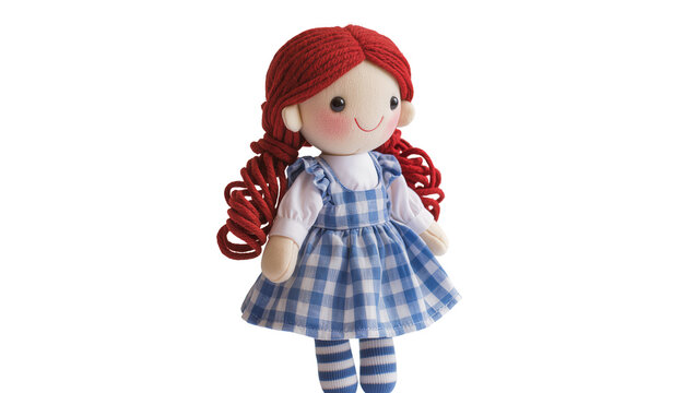 Isolated smiling rag doll with red yarn hair in blue checkered dress and striped socks