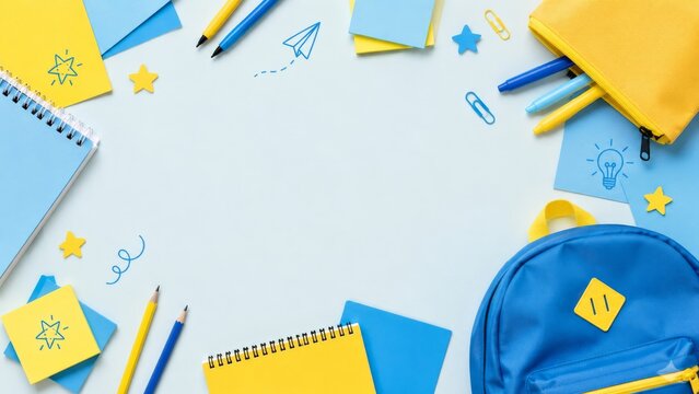 Blue and yellow back to school background with backpack, pencil case, notebooks, markers and school supplies arranged as frame with copy space for education banner, student sale or classroom promotion