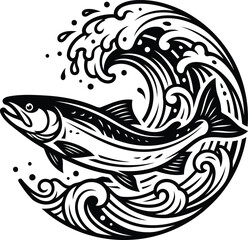 Obraz premium Salmon surf wave black and white illustration