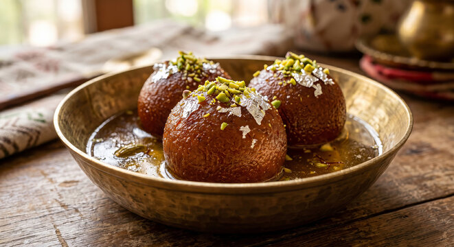 Indian Gulab Jamun in Brass Bowl with Pistachios 8K Hyper Detailed Photo