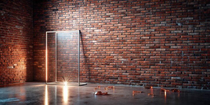 Illuminated Glass Enclosure in Industrial Brick Room with Scattered Fragments