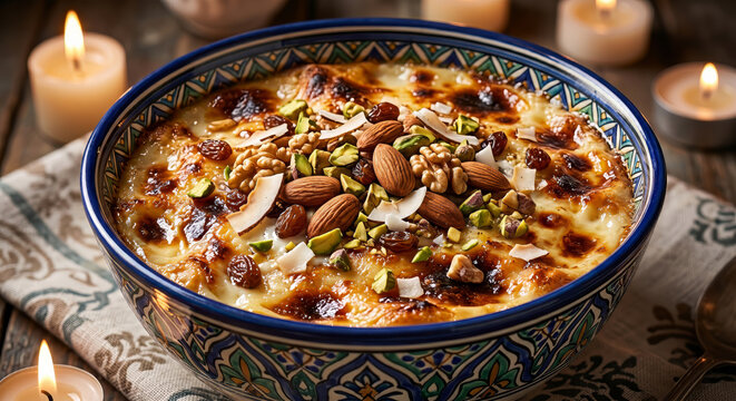 Traditional Egyptian Umali with Nuts and Cream 8K Overhead Dessert Photo