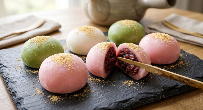Colorful Japanese Mochi with Red Bean Filling 8K Minimalist Dessert Photo