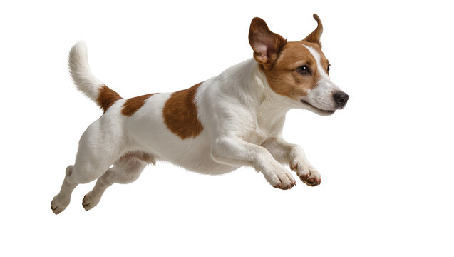 Isolated energetic Jack Russell Terrier dog leaping gracefully with a lively spirit in mid-air