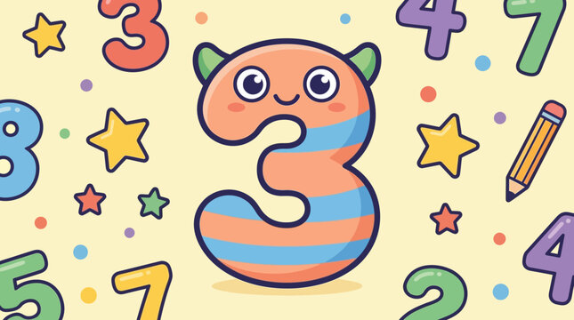 Cute Number 3 Character with Stars, Pencil, and Numbers - Kids Education