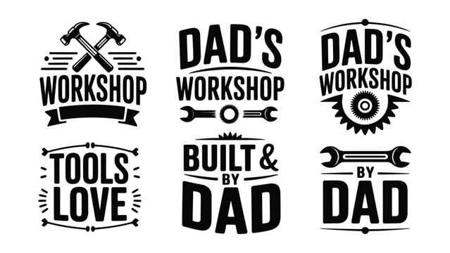Black and white collection of fathers day workshop labels with tools and text