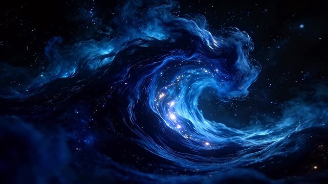 Blue spiral galaxy nebula with bright core and purple gas clouds in deep space