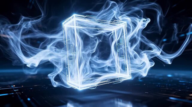 Glowing cube frame with flowing white light on reflective floor in dark tech scene