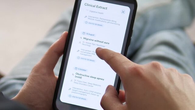 Patient checking clinical extracts and blood analysis on a mobile app. Professional UI, UX design showing diagnosis for GERD, Migraine, and Sinusitis. Ideal for healthcare tech, telemedicine, and