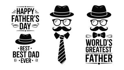 Black and white illustrations of Fathers Day greetings and symbolic faces with accessories © Md