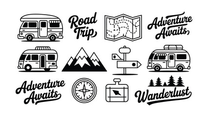 Black and white illustrations of camper vans and travel related icons and phrases on transparent background © Md