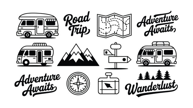 Black and white illustrations of camper vans and travel related icons and phrases on transparent background