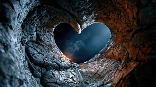 Heart cave stone heart rock tunnel romantic cave love symbol fantasy landscape glowing fire blue sky abstract nature emotional scene Mysterious stone heart cave with glowing firelight