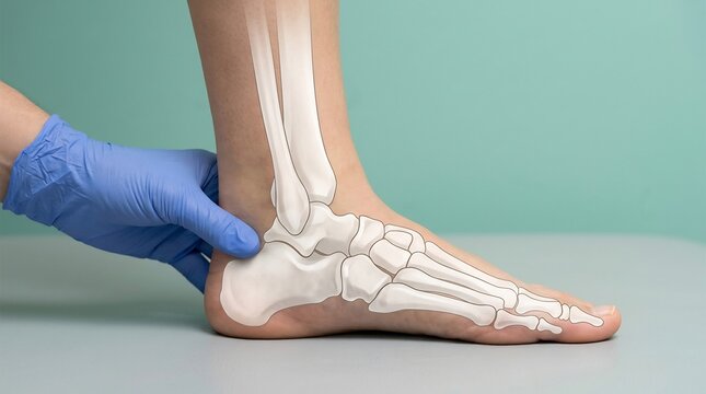 Human foot and ankle with skeletal bone overlay and a gloved hand performing a medical examination