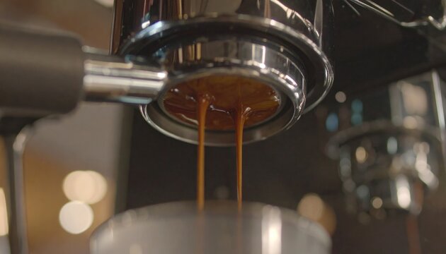 Coffee Machine Dispensing Espresso in Coffee Shop.