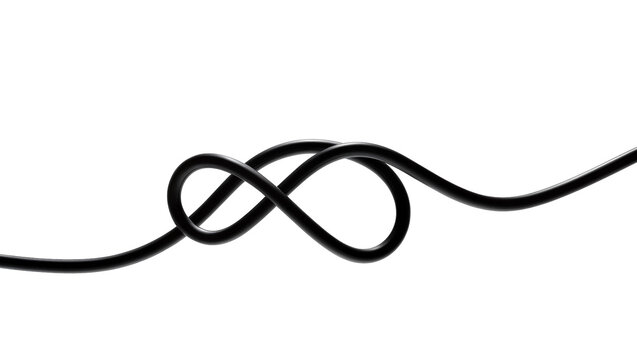 Isolated black electrical cable tied in a decorative knot, forming an abstract infinity symbol