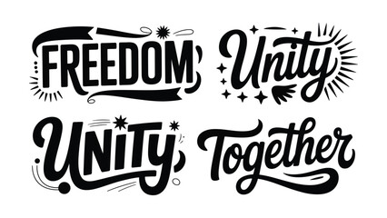 Black and white typography design with inspirational words freedom unity and together on transparent background © Md