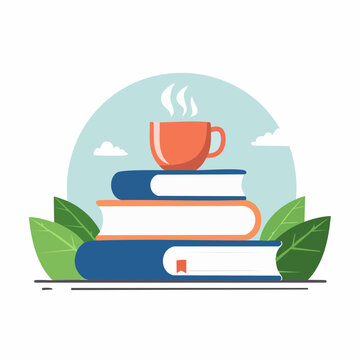 Stack of Books with Steaming Coffee Cup and Green Leaves
