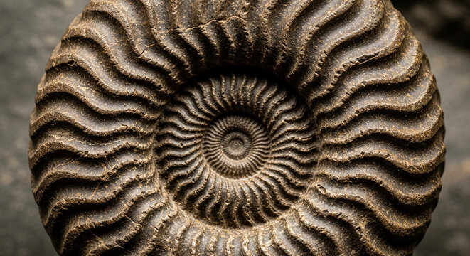Fossilized Ammonite Shell Spiral Pattern Closeup.