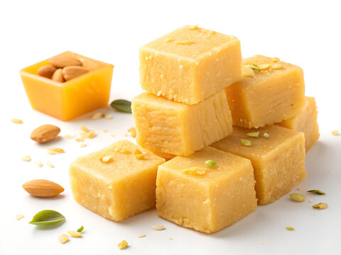 Mysore pak golden sweet cubes, rich ghee texture, isolated o