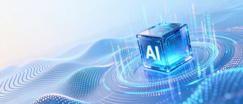 Futuristic AI cube concept with digital data waves and glowing artificial intelligence technology background, idea for smart computing and business innovation