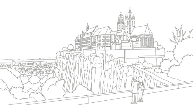 Detailed Line Drawing of Cliffside Castle and Waterfall.