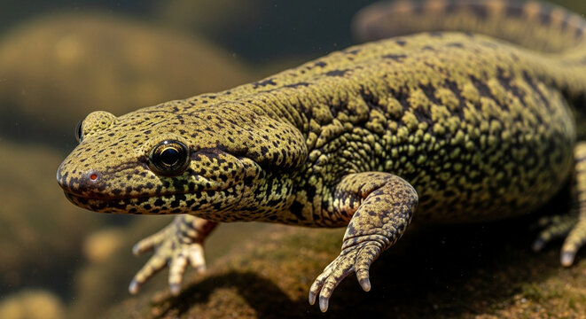Green reptile lizard on rock surface.