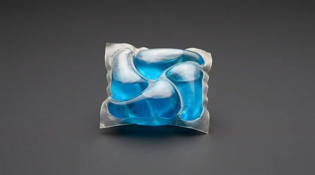 A blue laundry detergent pod in a clear plastic package on a dark gray background