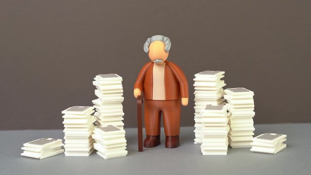 A grandfather with a cane is shocked by bureaucracy and bureaucratic procedures. Excessive paperwork, administrative barriers and difficulties with official documents.