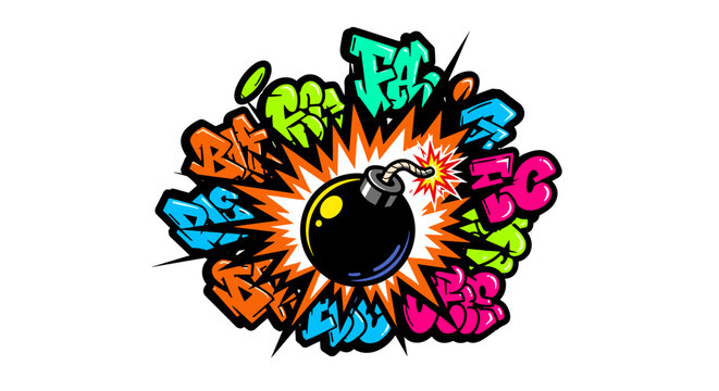 Exploding Bomb with Colorful Graffiti Art Elements.