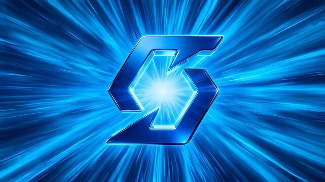 Blue glowing three dimensional letter F with radiating light streaks on dark futuristic background