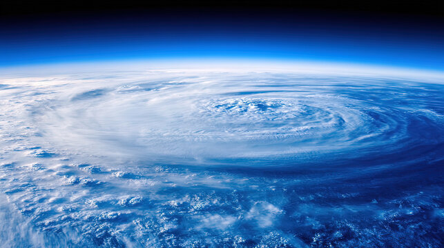 Satellite view of Earth with a swirling storm, highlighting deep blue and white cosmic tones.
