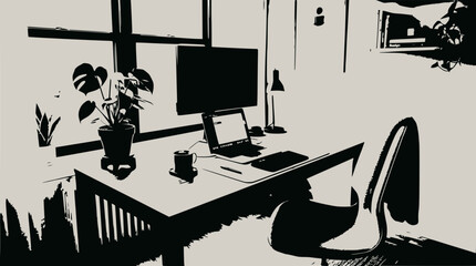 Obraz premium Modern home office setup with computer, laptop, and plant, minimalist design