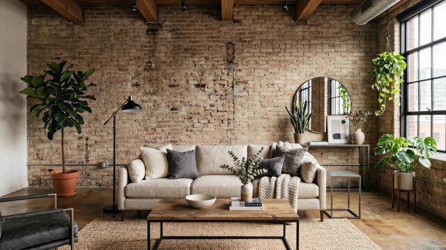 Panning shot revealing living room sofa and plants across exposed brick loft apartment with large industrial windows