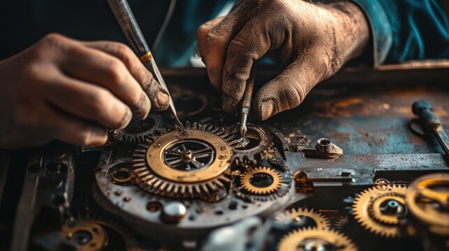 Skilled watchmaker performs precision repairs on a complex mechanical clock movement using specialized tools.