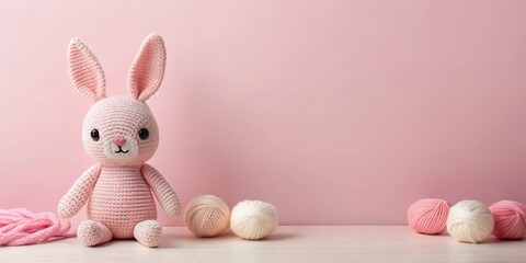 Fototapeta premium Adorable Pink Knitted Bunny Toy with Yarn Balls on a Soft Pink Background