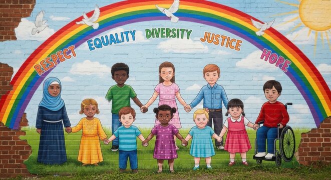 Diverse children holding hands under rainbow