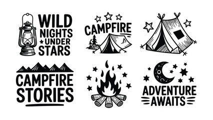 Camping adventure icons with tent campfire and lantern on white background © Md