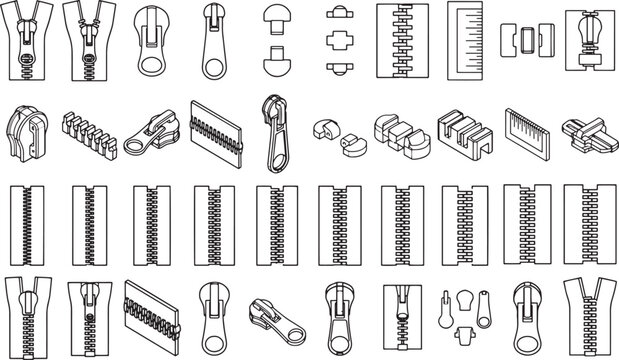 A collection of diverse zipper parts and components, illustrated in a clear, technical line drawing style, showcases various types and styles of zippers and their individual pieces.