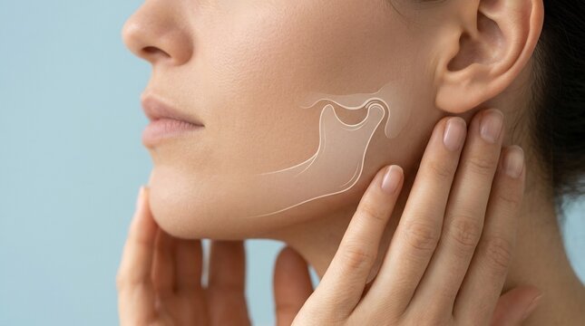 Close-up of woman touching jawline with anatomical bone overlay for dental and health concepts