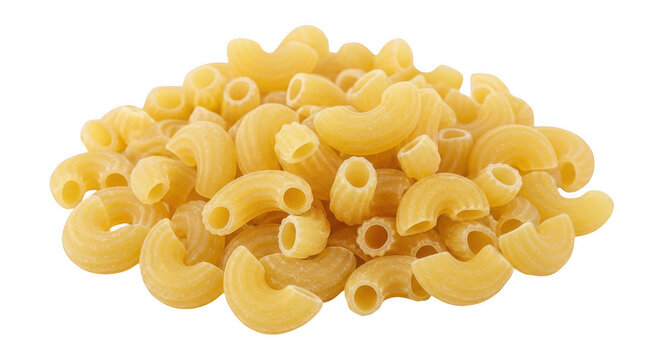 A large pile of dry, uncooked elbow macaroni pasta noodles isolated on a solid black background, showing yellow curved shapes