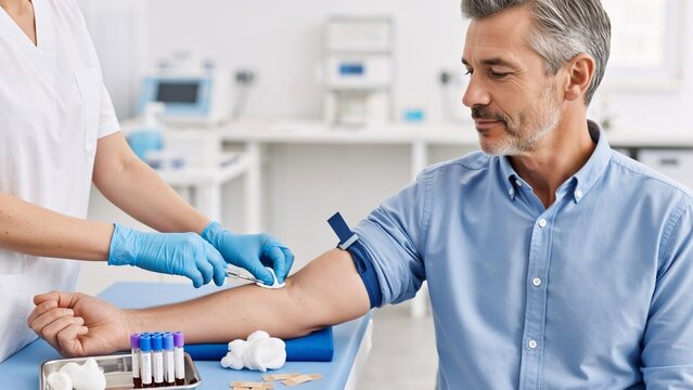 Phlebotomist drawing blood from arm of mature man in medical clinic. Nurse performing venipuncture procedure for laboratory analysis. Health screening and diagnostic testing concept.