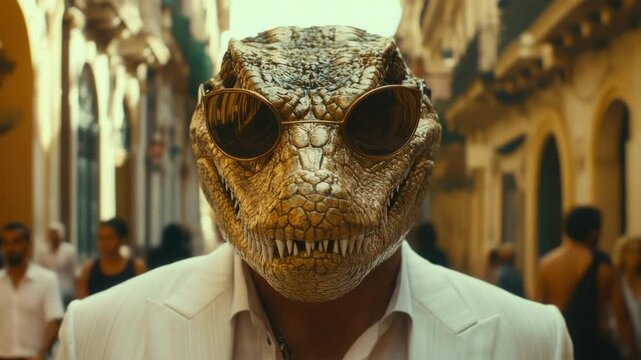 Fashionable anthropomorphic crocodile in sunglasses and suit in urban setting