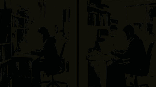 Man working on computer at desk, home office, studying, remote work, silhouette