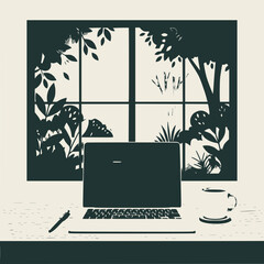 Obraz premium Cozy Home Office with Laptop, Coffee, and Garden View